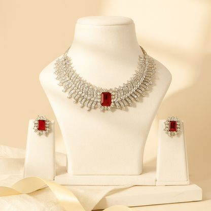 Aanura Ruby Emerald-Cut Necklace Set in Stainless Steel