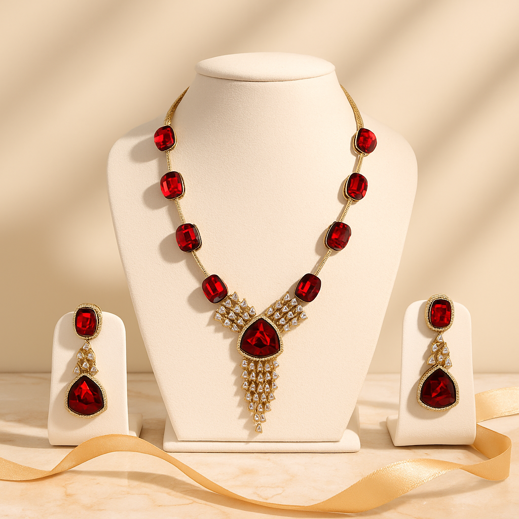 Aanura Ruby Red Geometric Necklace Set