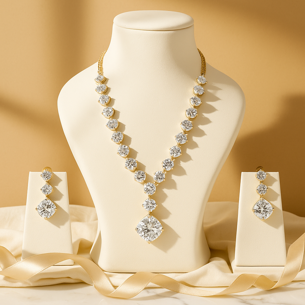 Aanura Square Crystal Necklace Set in Stainless Steel