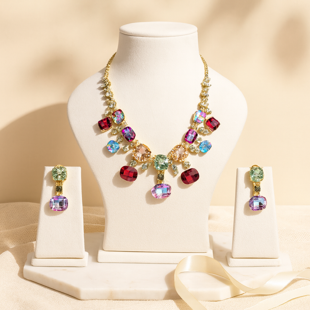 Aanura Multi-Colour Crystal Necklace Set with Earrings