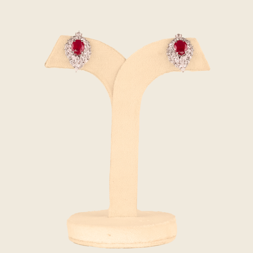 Aanura Red Oval Gemstone Pear Halo Stud Earrings