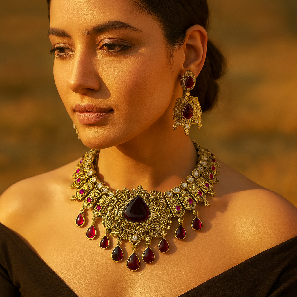 Aanura Antique Bridal Necklace with Ruby Red Stones