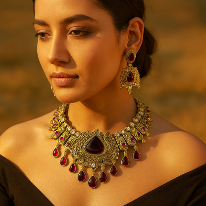 Aanura Antique Bridal Necklace with Ruby Red Stones