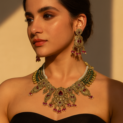 Aanura Temple Bridal Necklace with Ruby & Bead Strands