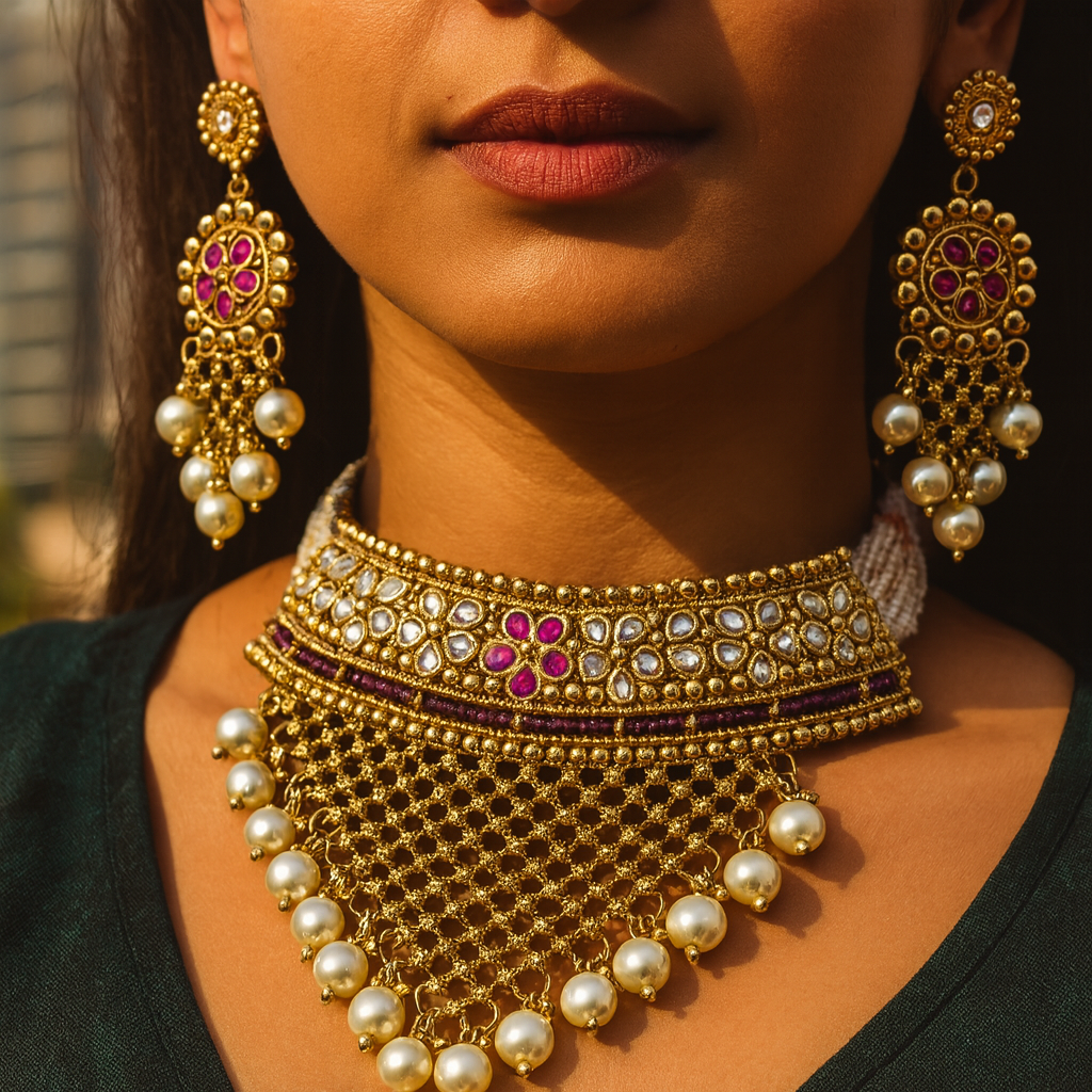 Aanura Pearl Bridal Choker Necklace with Ruby Motifs