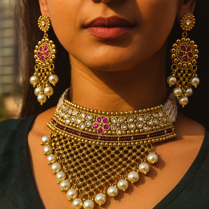 Aanura Pearl Bridal Choker Necklace with Ruby Motifs