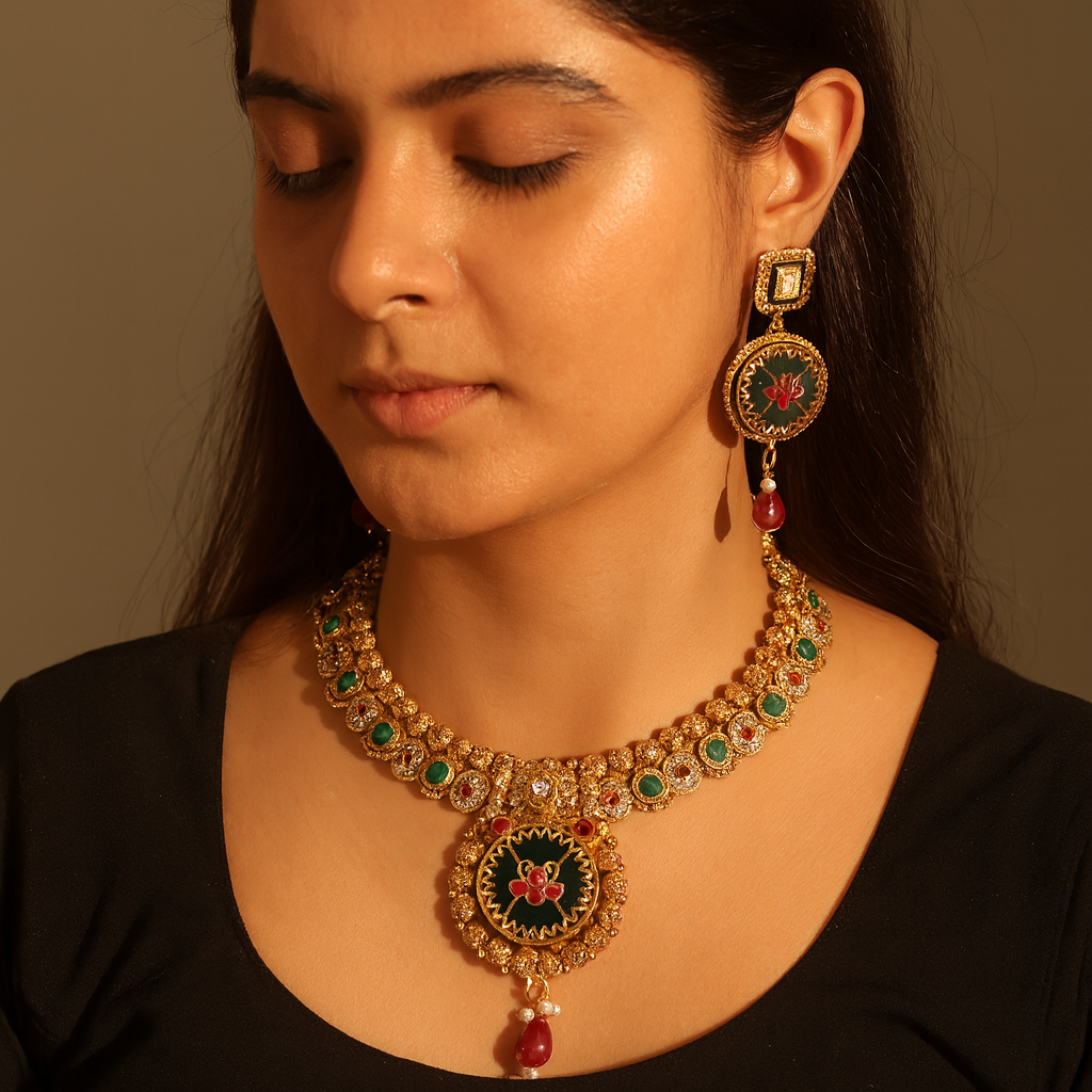 Aanura Circular Heritage Necklace with Green Stones