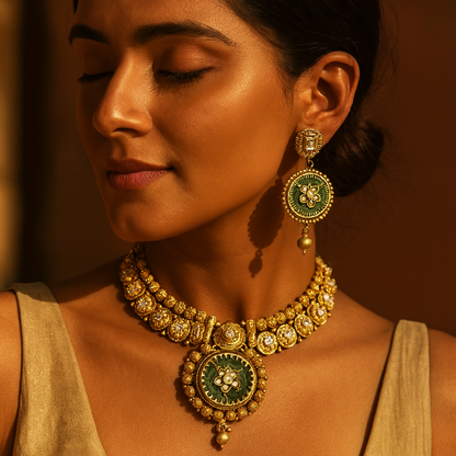 Aanura Circular Heritage Necklace with Green Stones