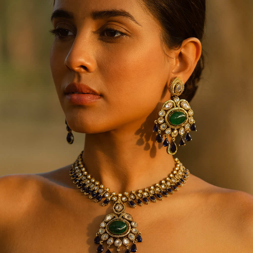 Aanura Royal Green Kundan Bridal Necklace with Earrings