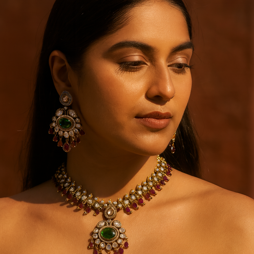 Aanura Royal Green Kundan Bridal Necklace with Earrings