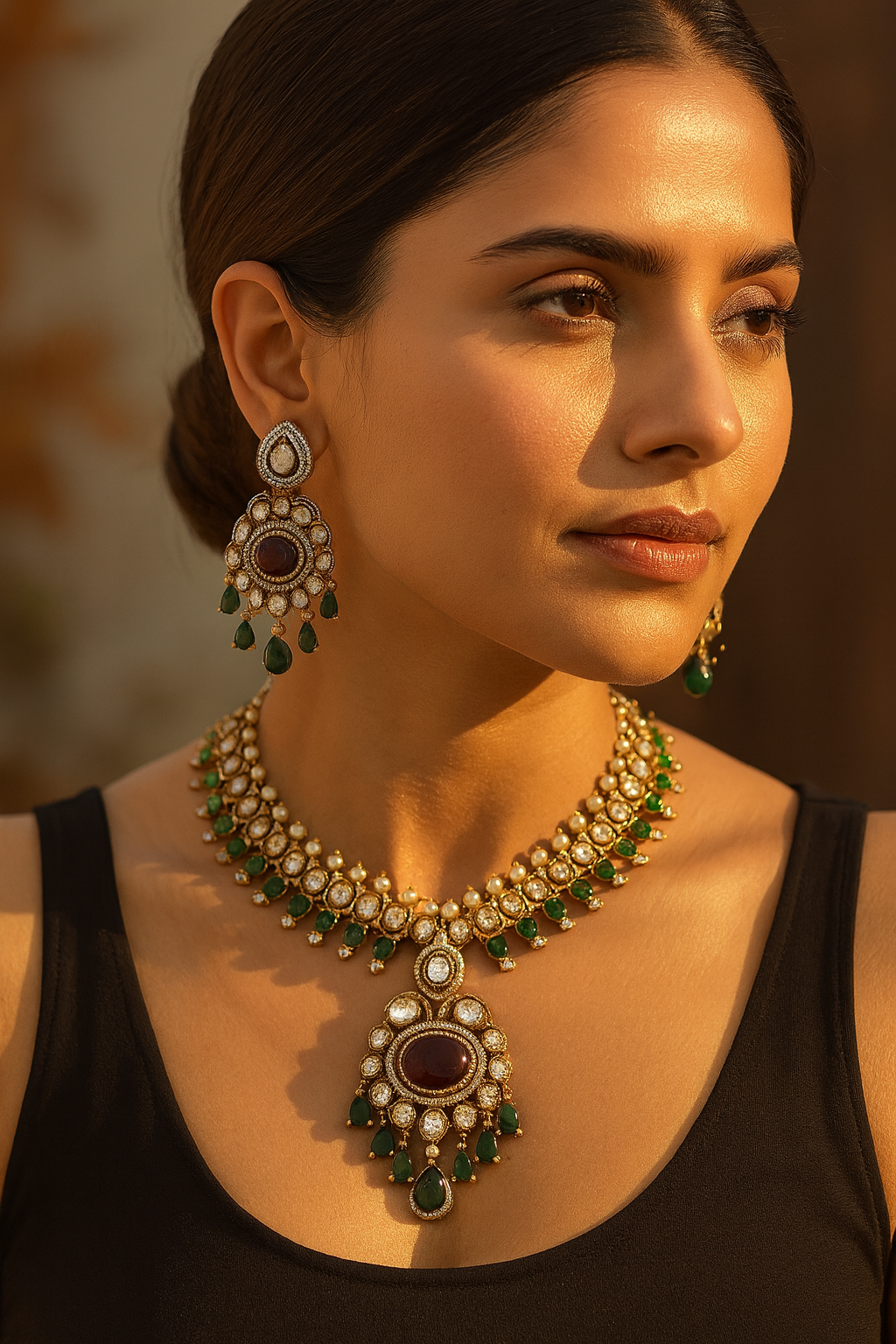 Aanura Royal Green Kundan Bridal Necklace with Earrings