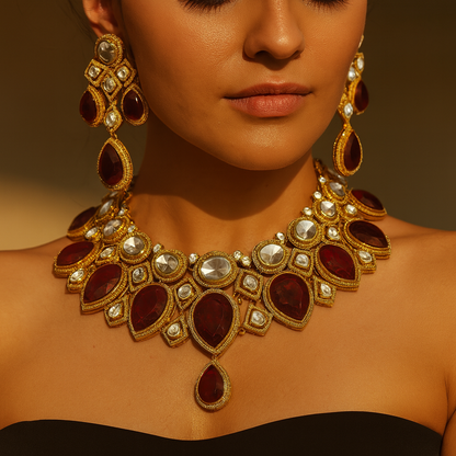Aanura Grand Red Bridal Necklace with Kundan Embellishments
