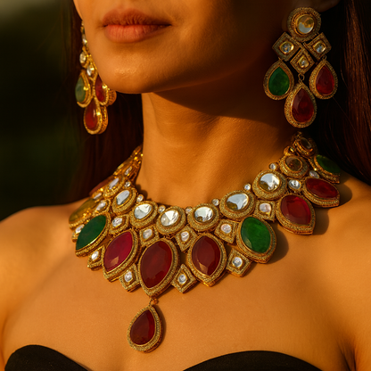 Aanura Grand Red Bridal Necklace with Kundan Embellishments