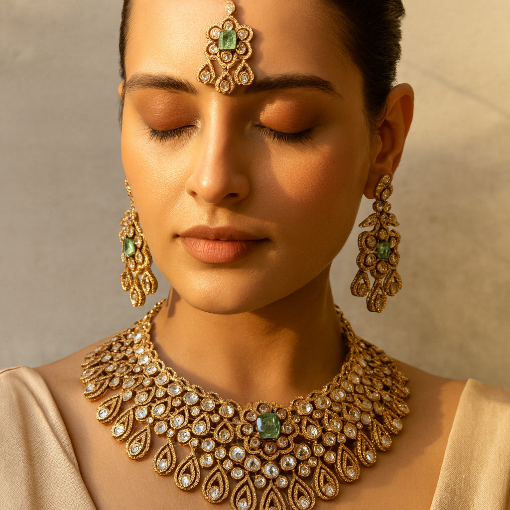 Aanura Bridal Emerald Kundan Necklace with Tikka Set