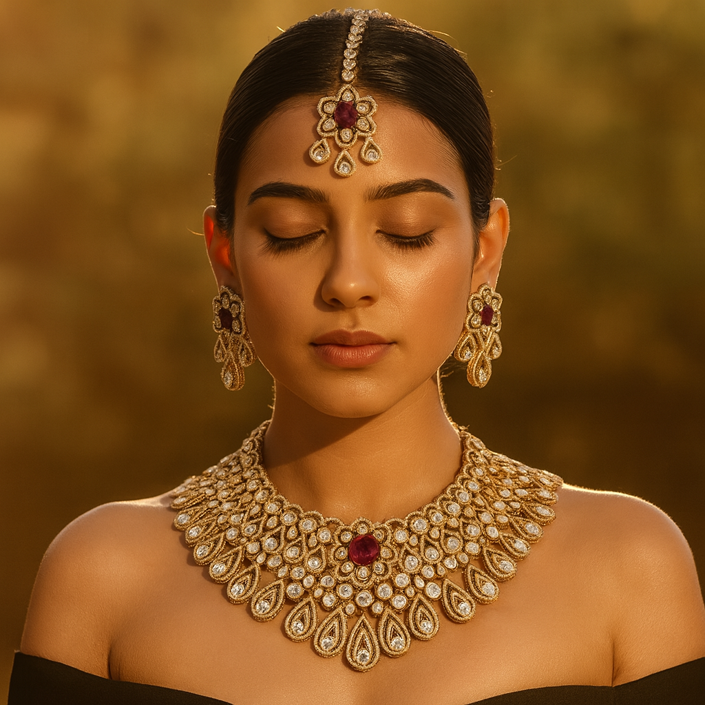 Aanura Bridal Emerald Kundan Necklace with Tikka Set