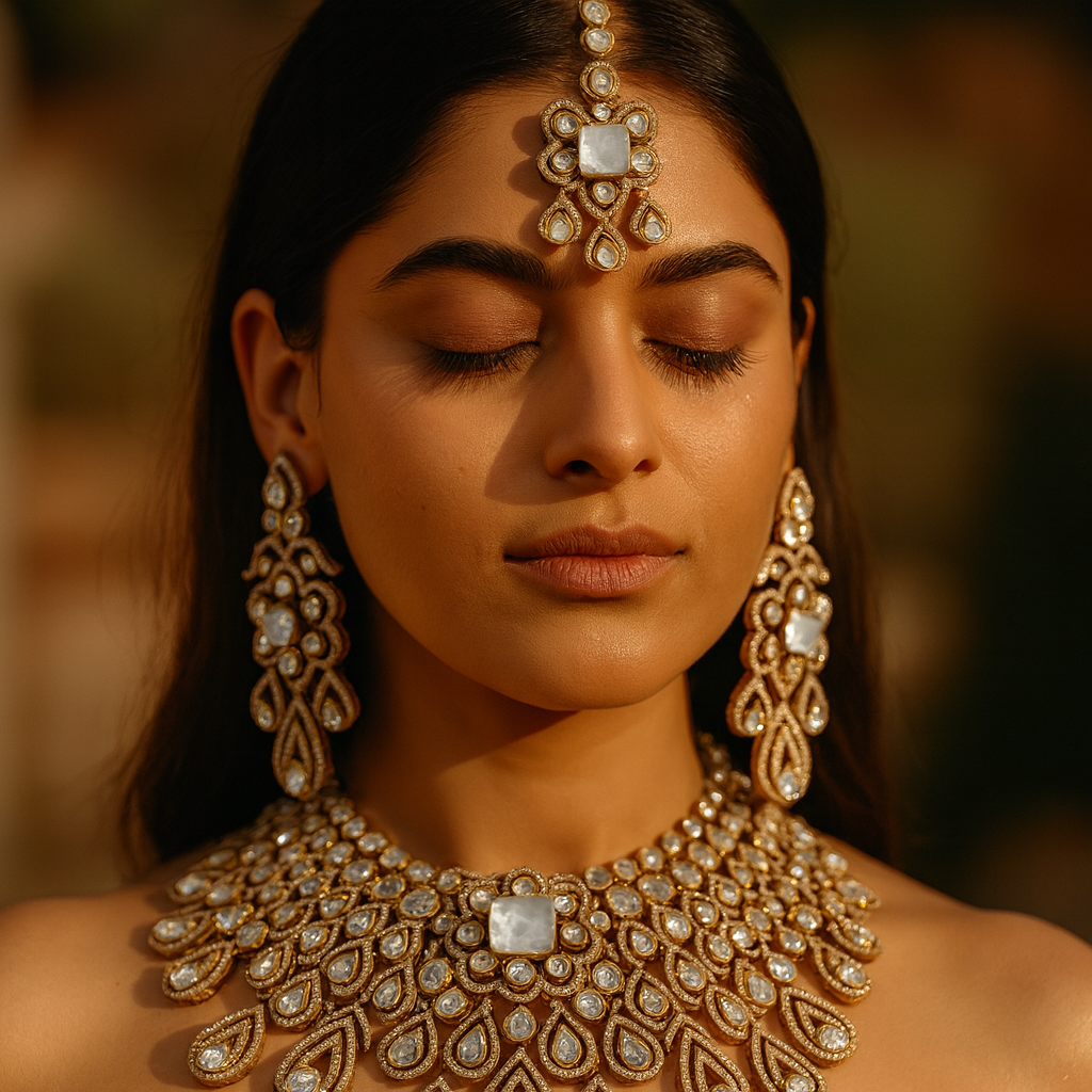 Aanura Bridal Emerald Kundan Necklace with Tikka Set