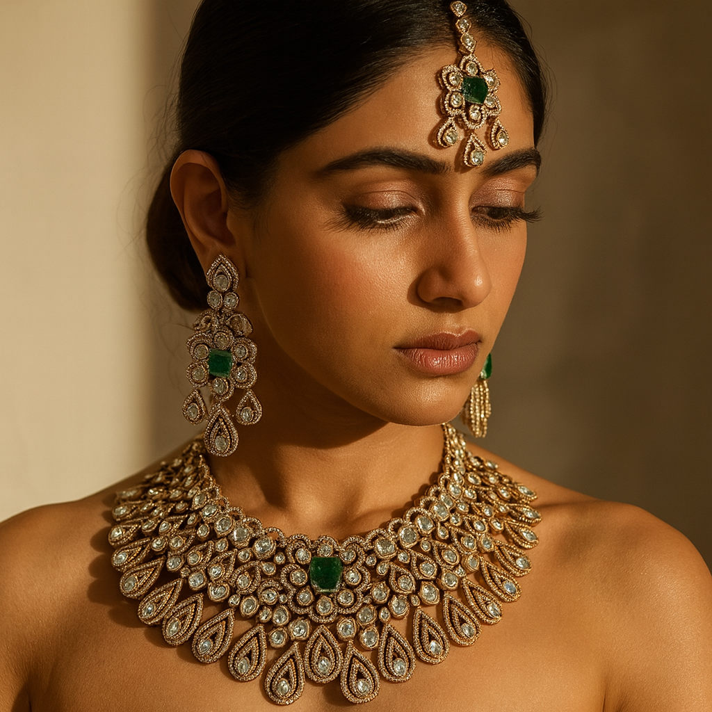 Aanura Bridal Emerald Kundan Necklace with Tikka Set