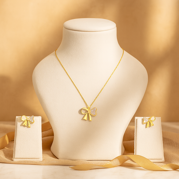 Golden Bow Pearl Necklace & Earrings Set