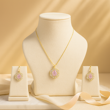 Aanura Pink Oval Halo Necklace & Earrings Set