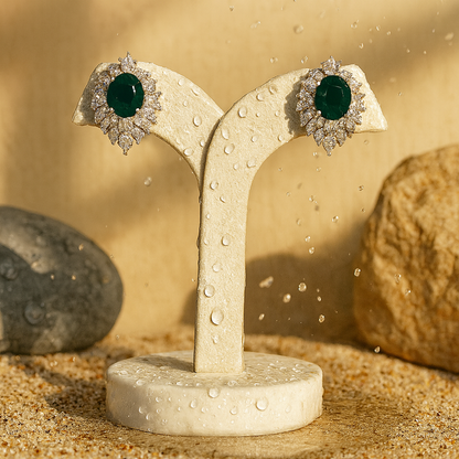 Aanura Red Oval Gemstone Pear Halo Stud Earrings