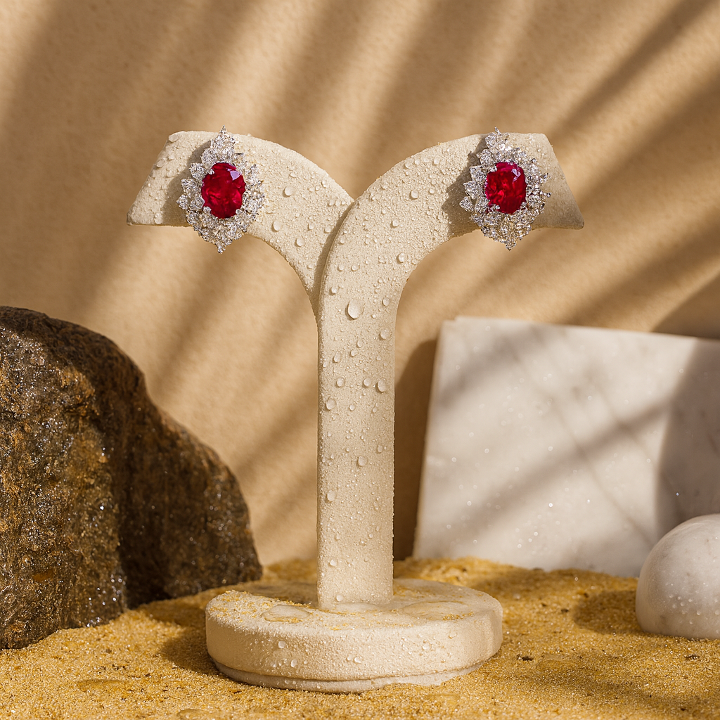 Aanura Red Oval Gemstone Pear Halo Stud Earrings