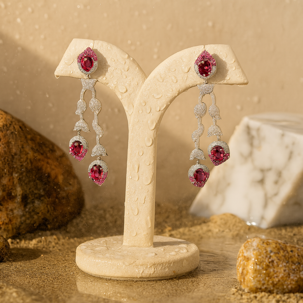 Aanura Silver Ruby Dangle Statement Earrings