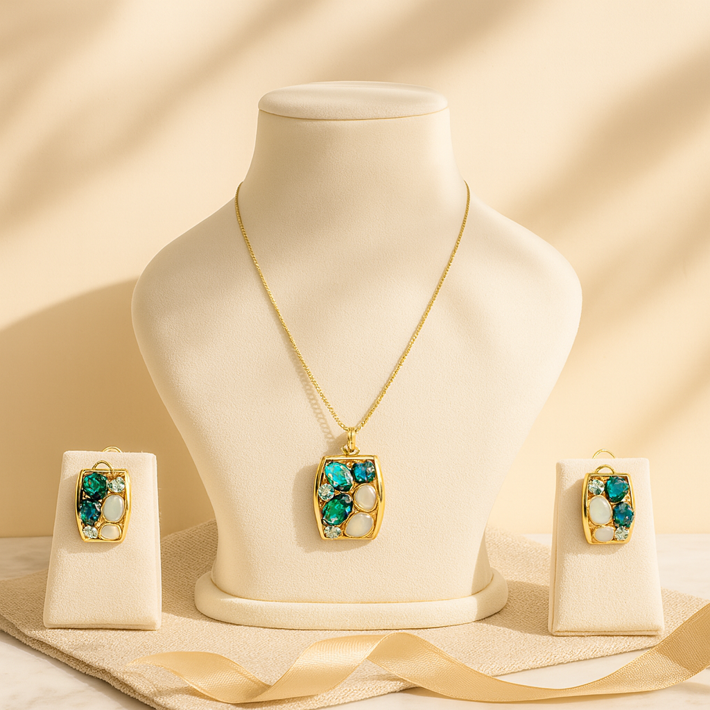 Aanura Pastel Green Peach Rectangular Necklace & Earrings