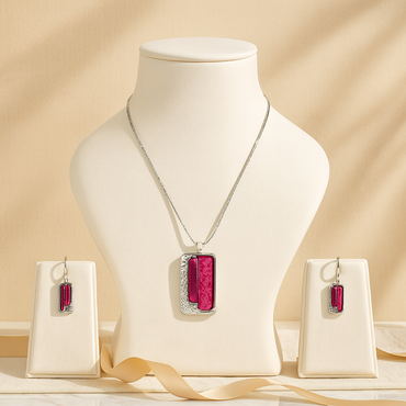 Aanura Rectangular Pink Stone Necklace & Earrings Set