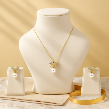 Aanura Pearl Bow Necklace & Earrings Set
