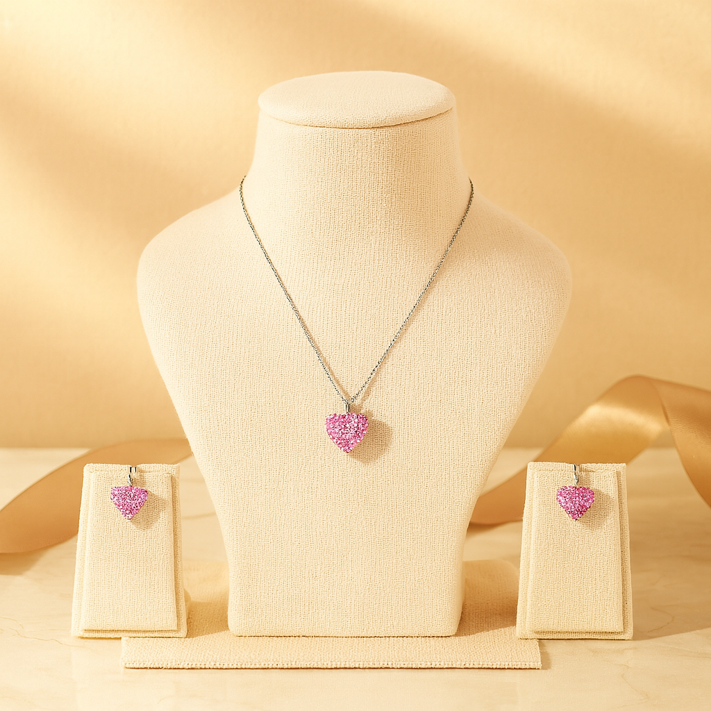 Aanura Pink Heart Crystal Necklace & Earrings Set