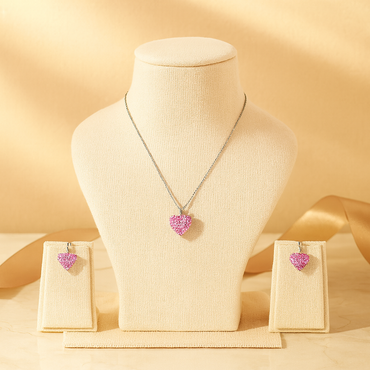 Aanura Pink Heart Crystal Necklace & Earrings Set