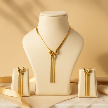 Aanura Golden Ribbon Bow Necklace & Earrings Set