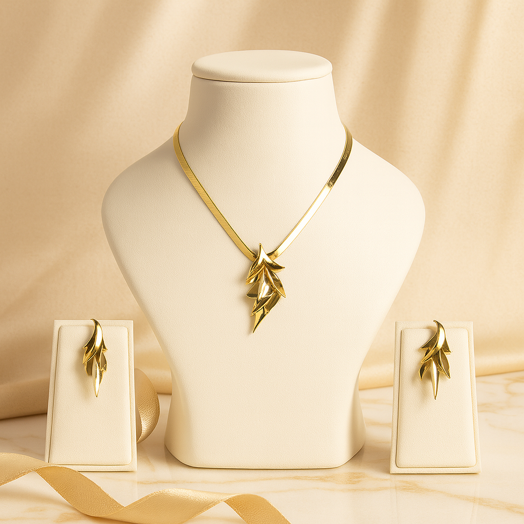 Aanura Golden Leaf Cascade Necklace & Earrings Set