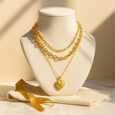 Aanura Layered Gold Chain Necklace with Waffle Heart Pendant