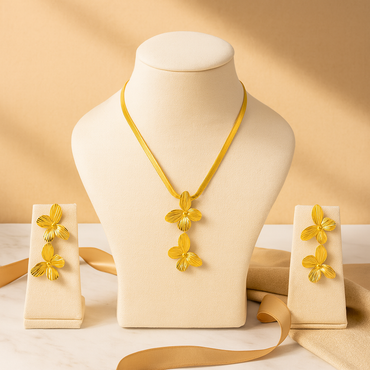 Golden Triple Orchid Necklace & Earrings Set
