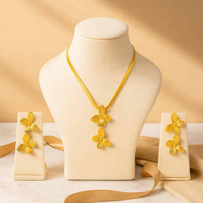 Golden Triple Orchid Necklace & Earrings Set