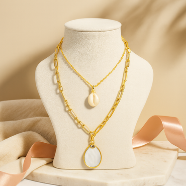 Aanura Double Layer Gold Chain Necklace with Shell