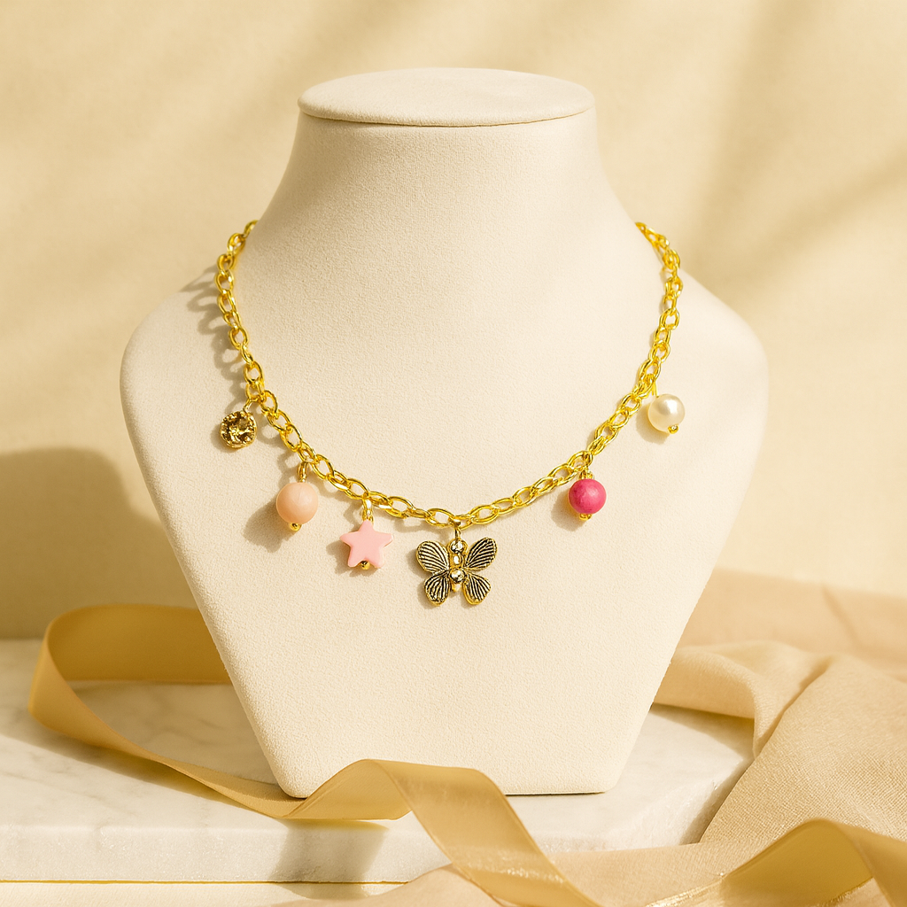 Aanura Gold Charm Necklace with Butterfly & Beads
