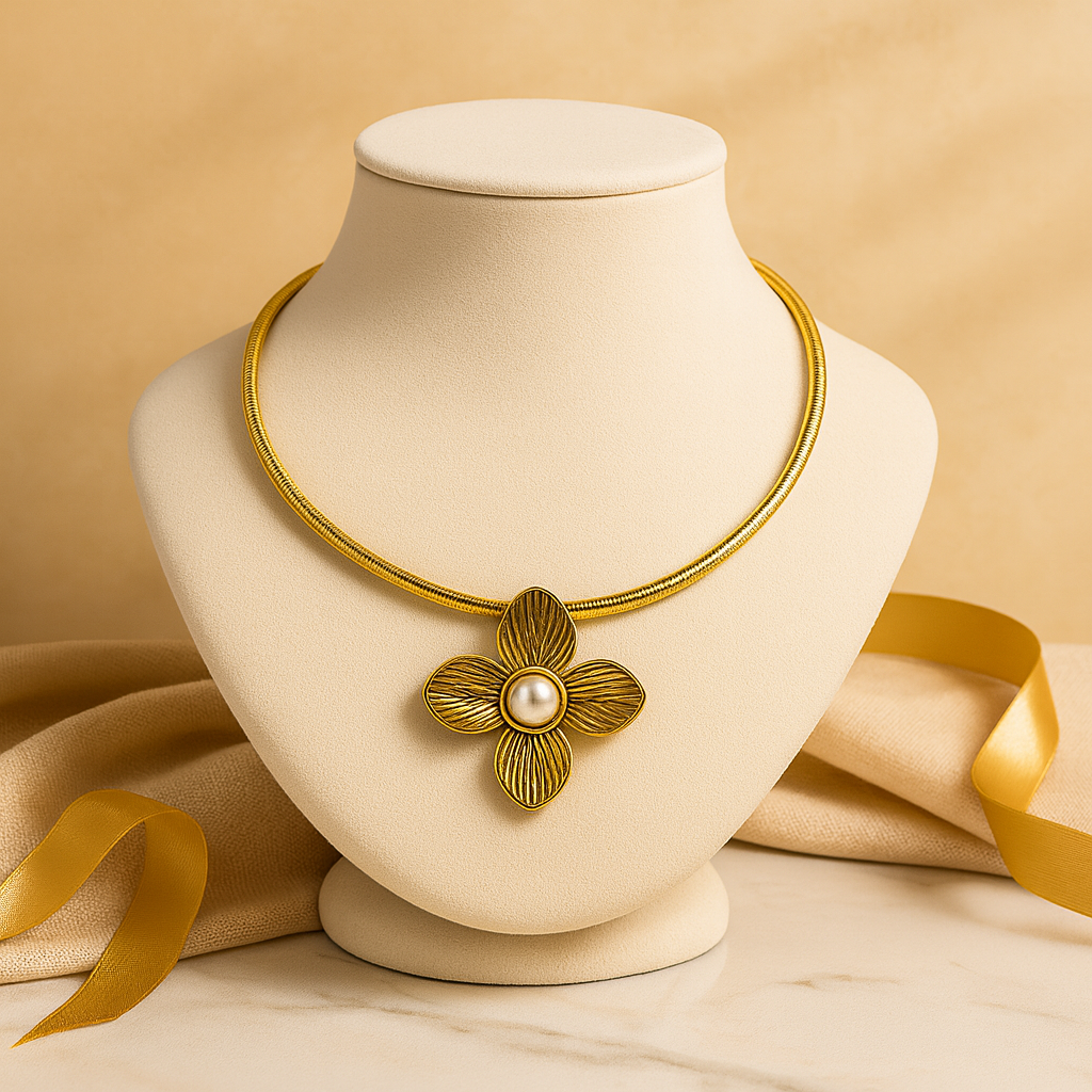Aanura Gold Choker Necklace with Pearl Flower Pendant