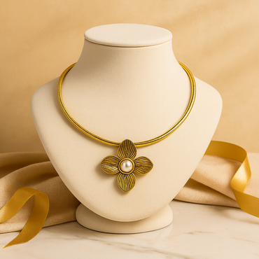 Aanura Gold Choker Necklace with Pearl Flower Pendant