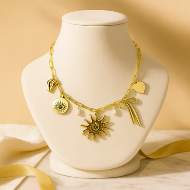 Aanura Gold Charm Necklace with Sun & Heart Pendants