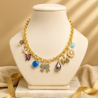 Aanura Gold Charm Necklace with Multicolor Pendants