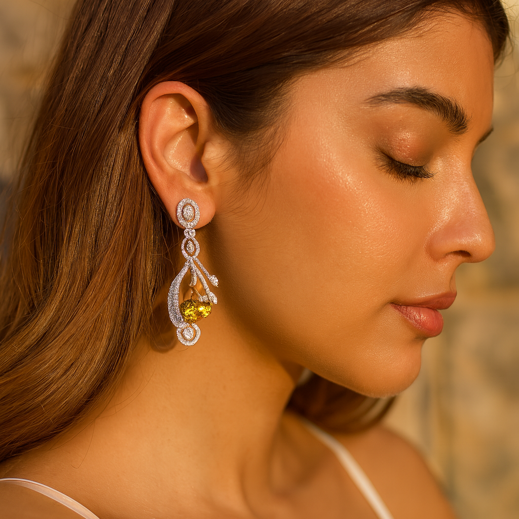 Aanura Silver Yellow Teardrop Crystal Drop Earrings