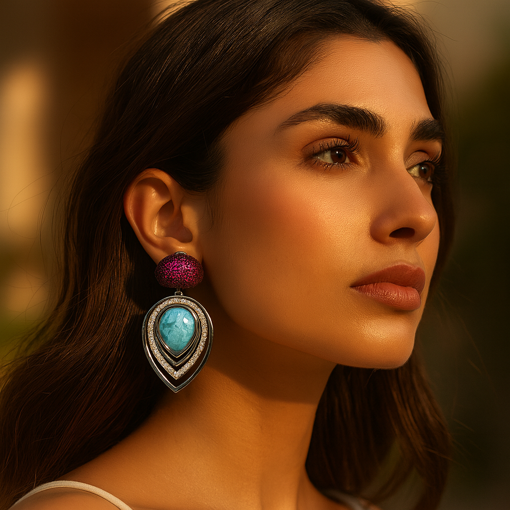 Aanura Blue Teardrop Dual-Tone Dangle Earrings