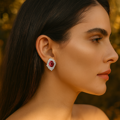 Aanura Red Oval Gemstone Pear Halo Stud Earrings