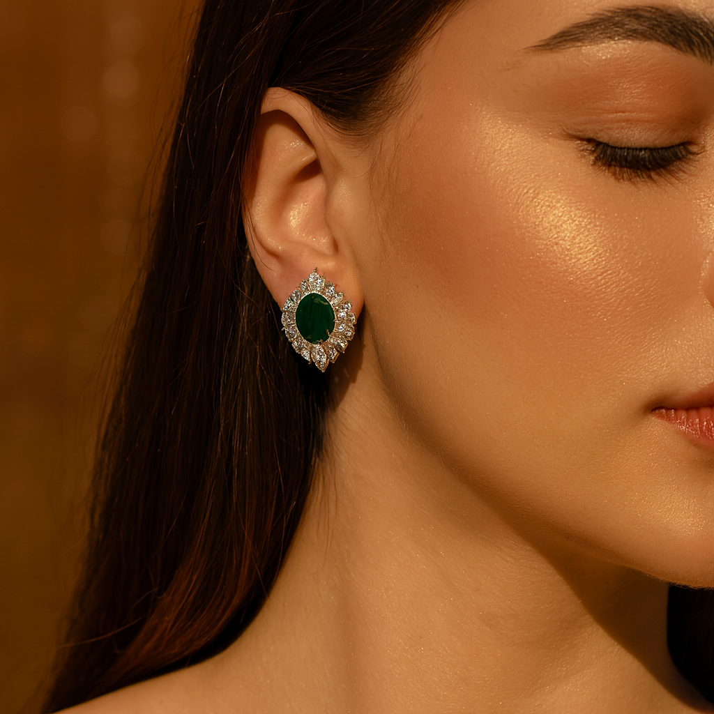 Aanura Red Oval Gemstone Pear Halo Stud Earrings