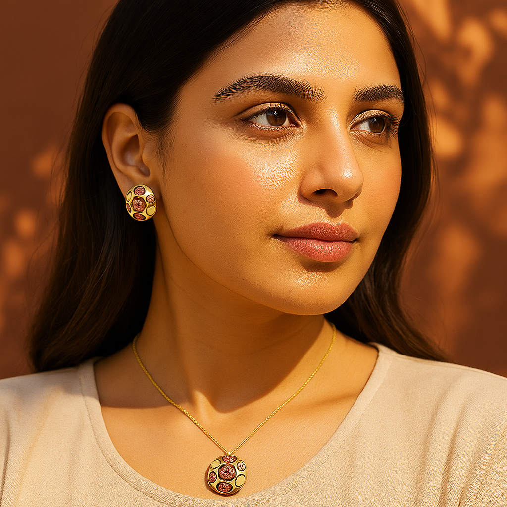 Aanura Peach Cluster Necklace & Earrings Set