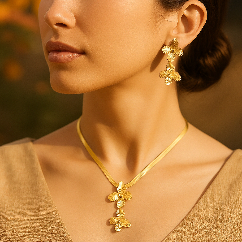 Golden Triple Orchid Necklace & Earrings Set