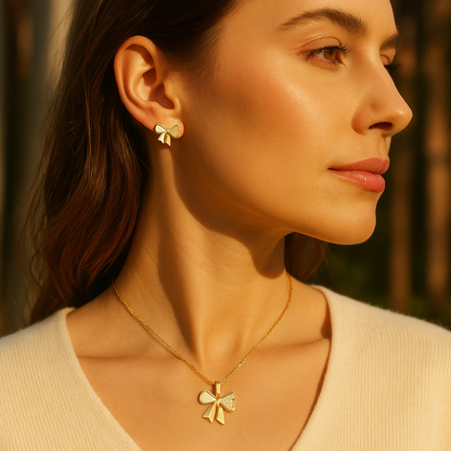 Golden Bow Pearl Necklace & Earrings Set