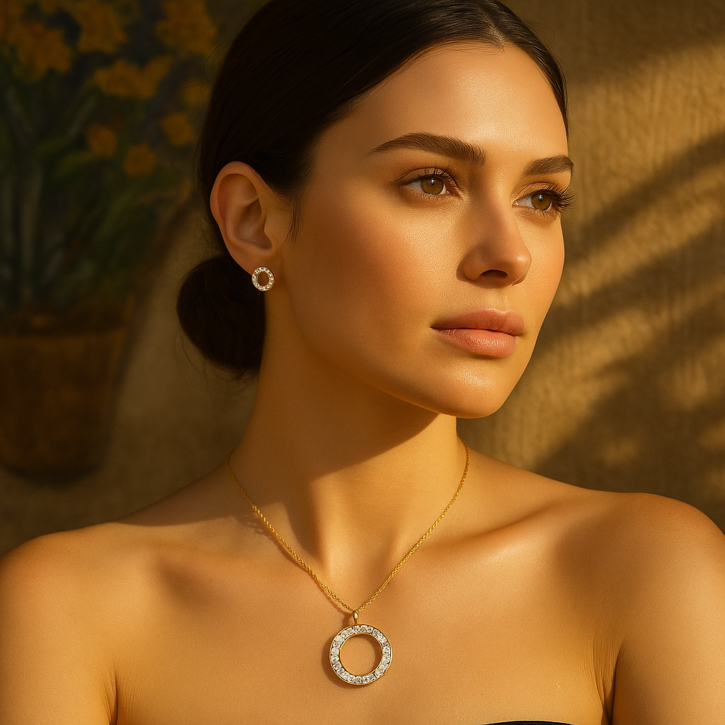 Golden Crystal Circle Necklace & Earrings Set